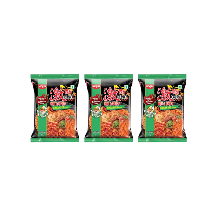 Nissin Geki - Hot & Spicy Korean Veg Flavoured Instant Noodles - Pack of 3