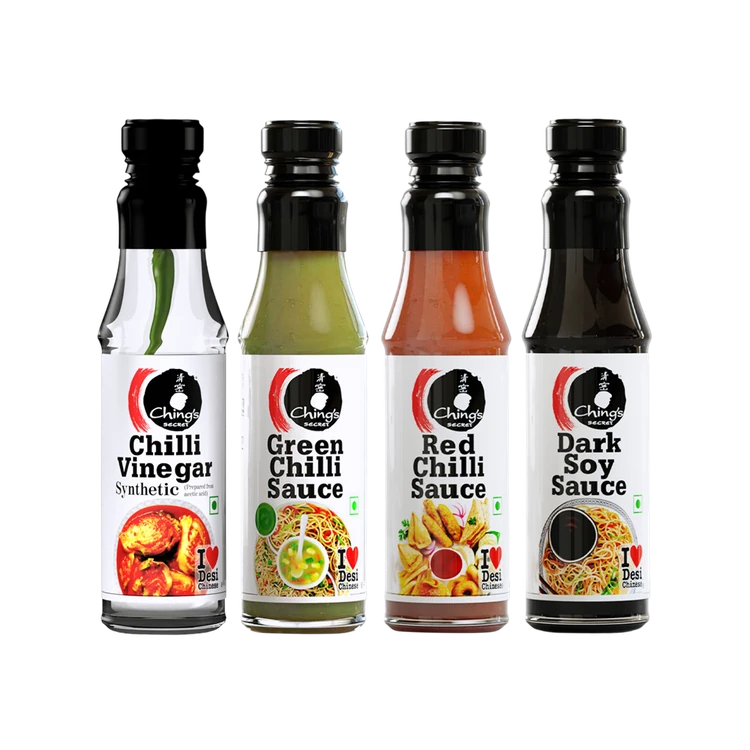 Ching's Secret Dark Soy Sauce Rich, Brown and Zesty +  Red Chilli Sauce, Bold, Fiery & Aromatic +  Green Chilli Sauce +  Chilli Vinegar Combo