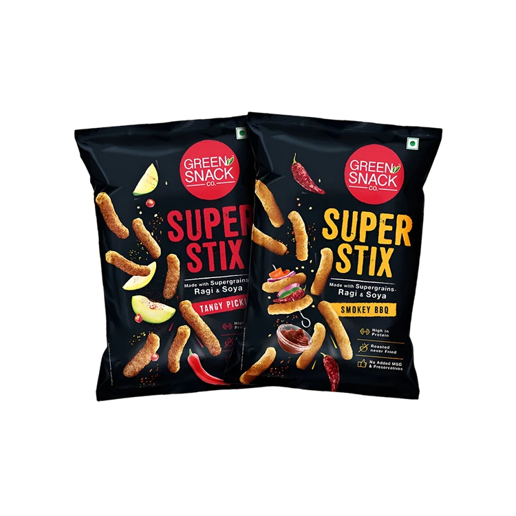 The Green Snack Co. Roasted Super Stix Crisps (Tangy Pickle + Smokey BBQ) - Pack of 2