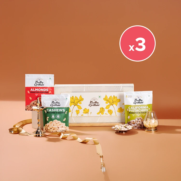 Nutty Gritties Dry Fruits Gift Pack (Roasted & Salted - Almonds + Pistachios + Cashews) - Pack of 3 (Dry Fruits Udugore Pack)