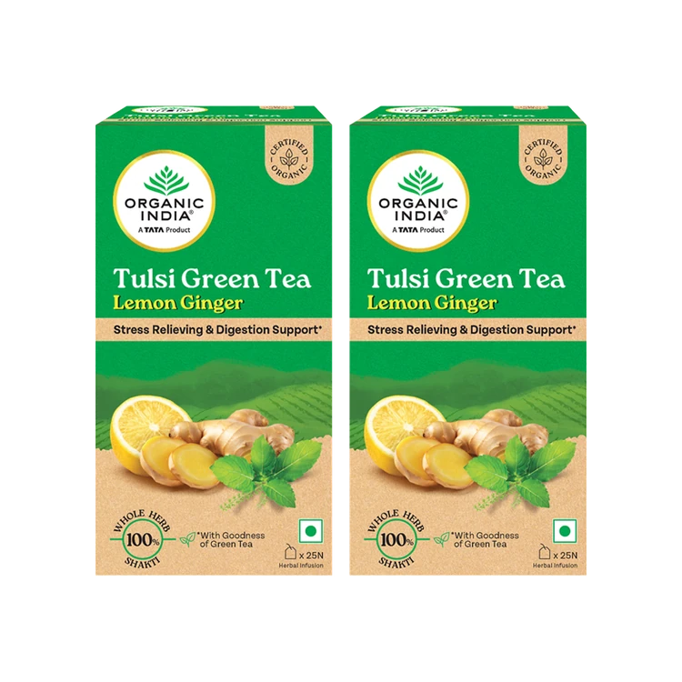 Organic India Lemon Ginger Tulsi Green Tea Bags - Pack of 2