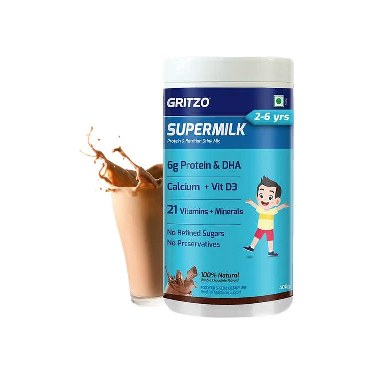 Gritzo Supermilk Overall Growth with 6 g Protein Drink Mix (Double Chocolate, 2-6 years)