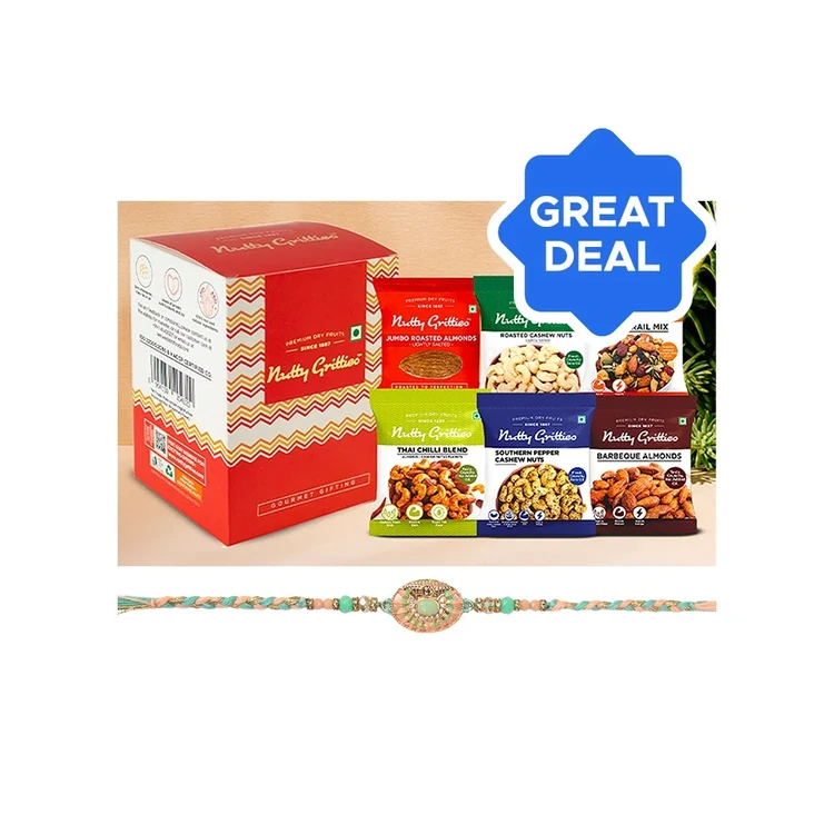 Studded & Beaded Rakhi (Sea Green & Peach) by Shree Rakhi + Nutty Gritties Gourmet Assorted Dry Fruits Gift Pack Combo