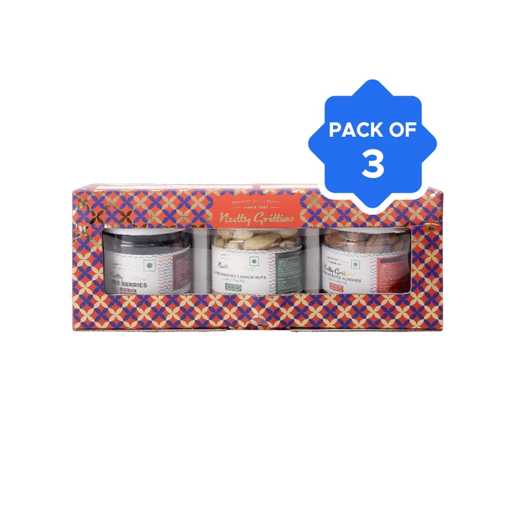 Nutty Gritties Dry Fruits Gift Box (Almonds + Cashews + Mix Berries) - Pack of 3