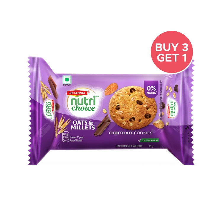 Britannia NutriChoice Oats Chocolate & Almond Biscuit - Buy 3 Get 1 Free