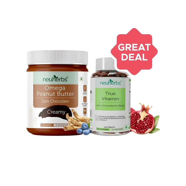 Neuherbs True Vitamin Multivitamin Tablets +  Omega Creamy Peanut Butter (Dark Chocolate) Combo