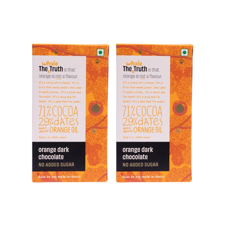 The Whole Truth Orange Dark Chocolate Bar (Cocoa 71%, Dates 29% & Dash of Orange Oil) - Pack of 2