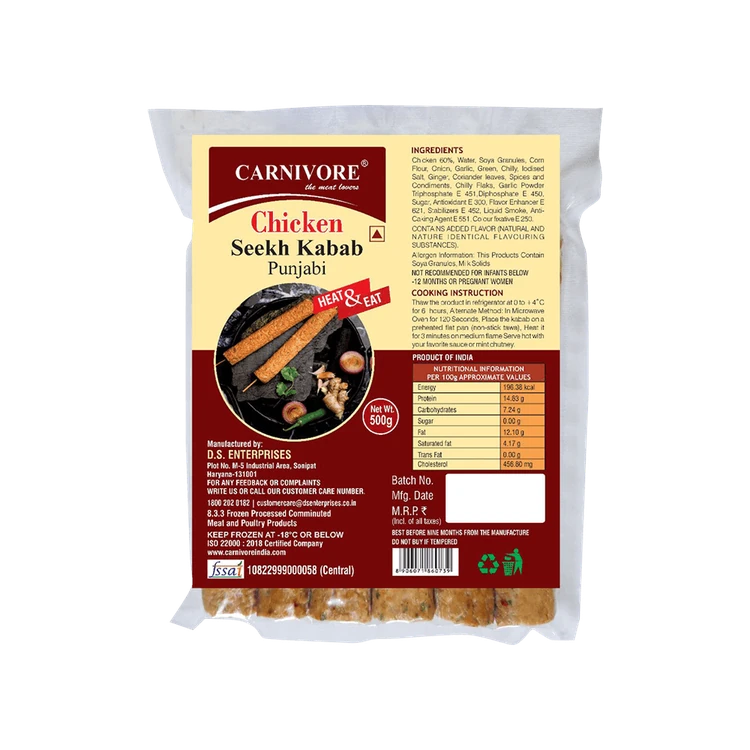 Carnivore Punjabi Chicken Seekh Kebab (Frozen)
