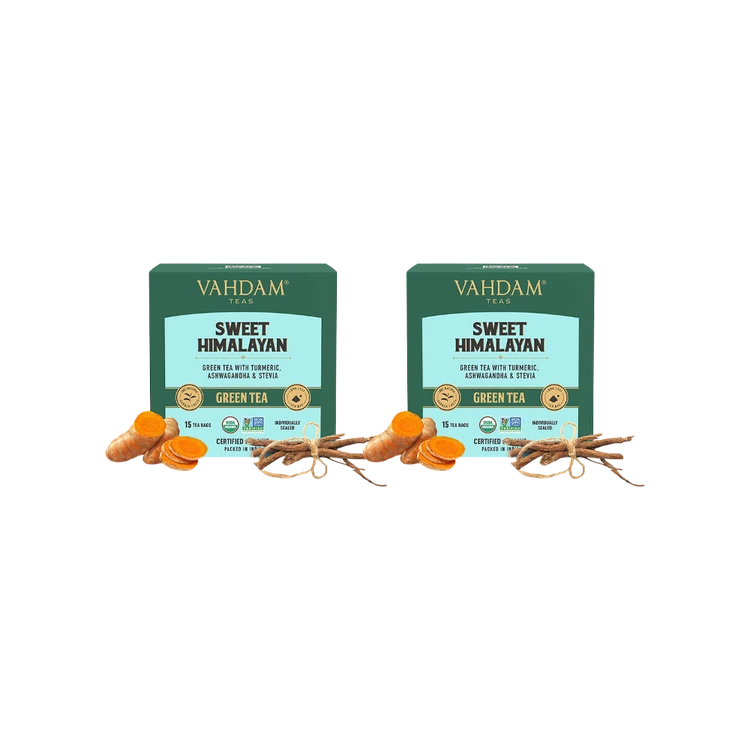 Vahdam Organic Sweet Himalayan Turmeric, Ashwagandha & Stevia Green Tea Bags - Pack of 2