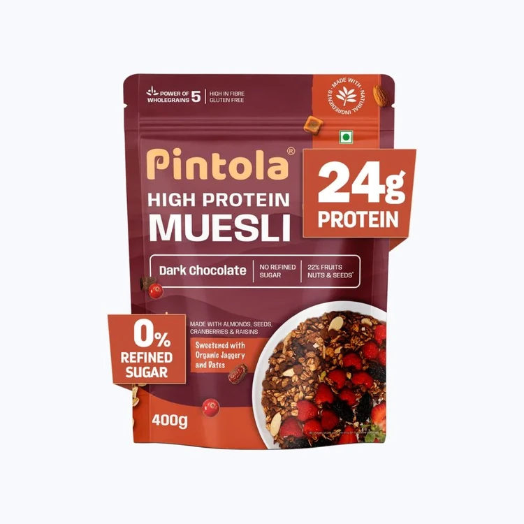 Pintola High Protein Muesli With Dark Chocolate & Cranberry 24g Protein, No Refined Sugar