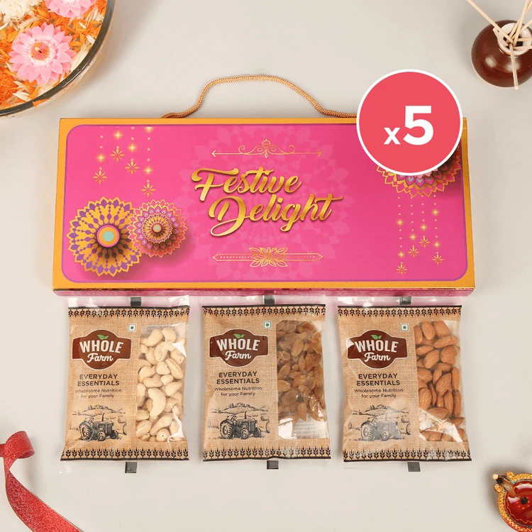 Festive Delight (Cashew + Raisins + Almond) Dry Fruits Gift Pack - Pack of 5 (Dry Fruits Udugore Pack)