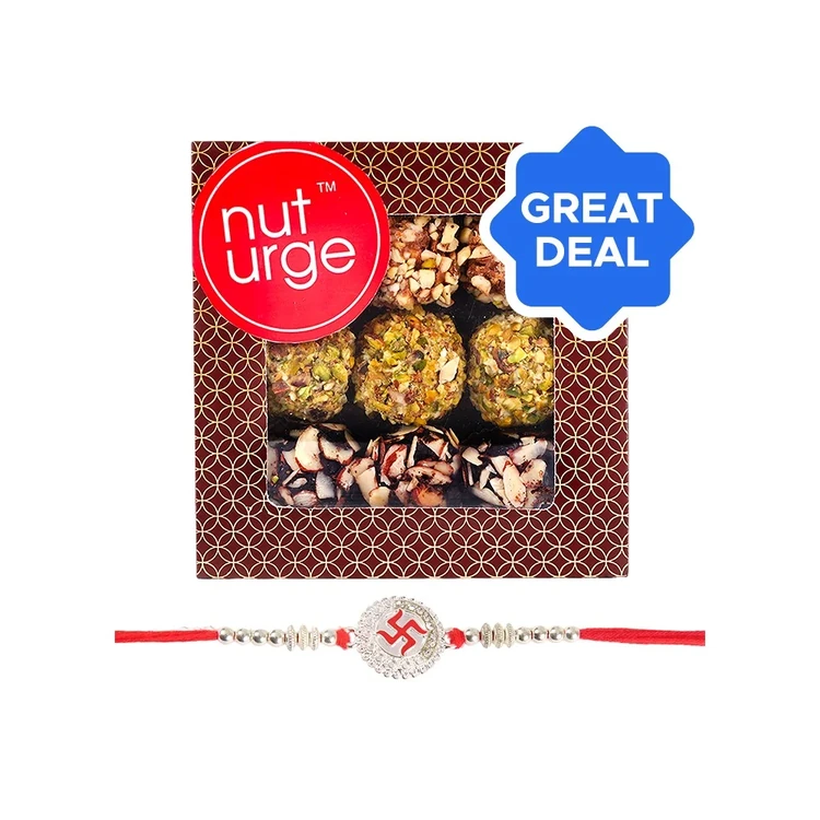 Swastik Enamelled Rakhi (Red) by Shree Rakhi + Nuturge Assorted Truffles Box with Nuts & Chocolate Combo