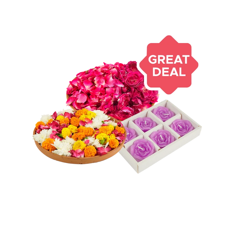 Rose Flowers & Petals Mix + Rose Design Floating Candles (Purple) by Auradecor + Pooja Flower Mix Combo