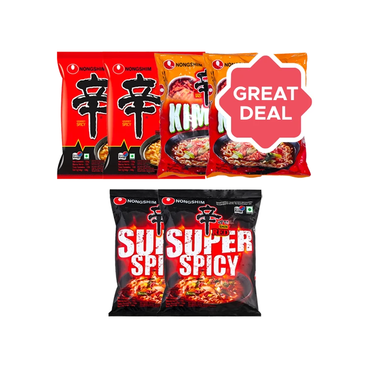 Nongshim Shin Ramyun Spicy Flavoured Instant Noodle Soup x 2 +  Kimchi Ramyun Noodle Soup x 2 +  Shin Red Super Spicy Noodles Combo