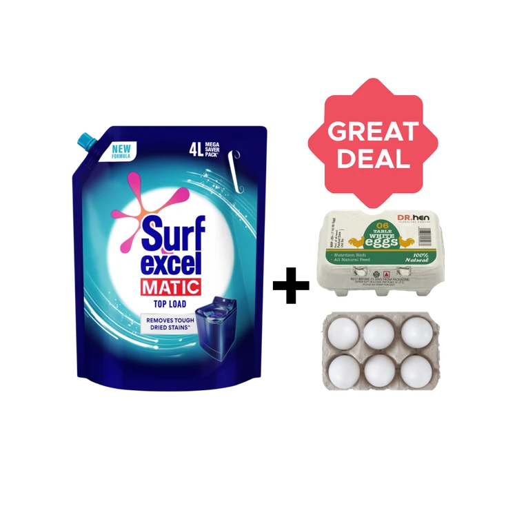 Surf Excel Matic Top Load Liquid Detergent - 4 ltrs + Table White White Eggs x 6 Combo