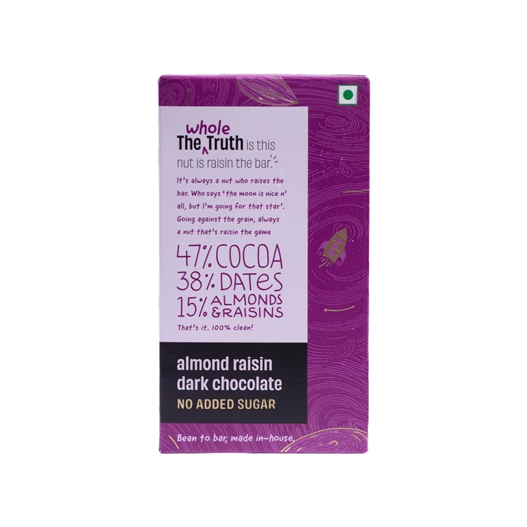 The Whole Truth Almond Raisin Dark Chocolate Bar (Cocoa 47%, Dates 38%, Almonds & Raisins 15%)