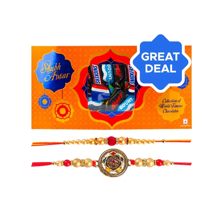 Mars Shubh Avsar Premium Chocolate Gift Pack + Enamelled & Beaded Rakhi (Red & Yellow) by Shree Rakhi Combo
