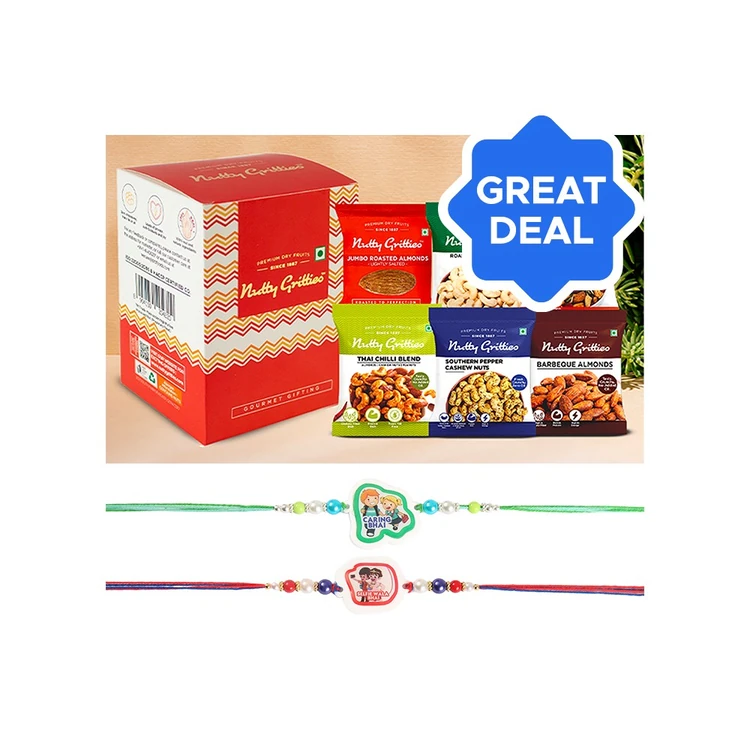 Kids Beaded Rakhi Set (Red & Green) by Shree Rakhi + Nutty Gritties Gourmet Assorted Dry Fruits Gift Pack Combo