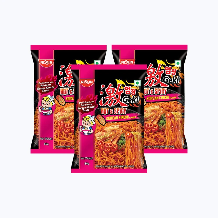 Nissin Geki Hot & Spicy Korean Kimchi Flavoured Instant Noodles - Pack of 3