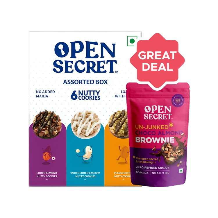 Open Secret Chocolate Almond Valentines Heart Brownie, Veg Cake +  Assorted Protein Cookies Gift Pack - Choco Almonds, White Choco Cashews & Peanut Butter Combo