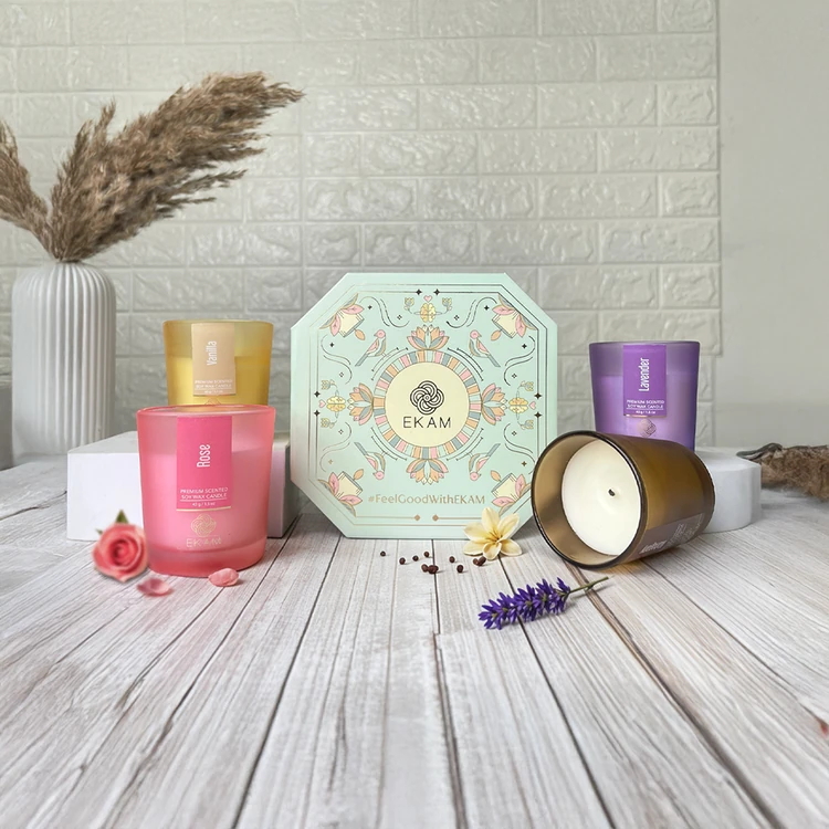 Soy Wax Scented Candle Set (Mahogany, Lavender, Rose & Vanilla) by Ekam