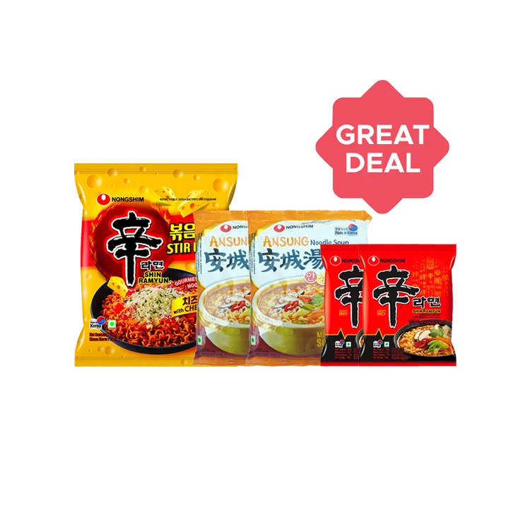 Nongshim Shin Ramyun Spicy Flavoured Instant Noodle Soup x 2 +  Ansung Instant Noodles Soup x 2 +  Stir Fry Shin Ramyun Noodles With Cheese Combo