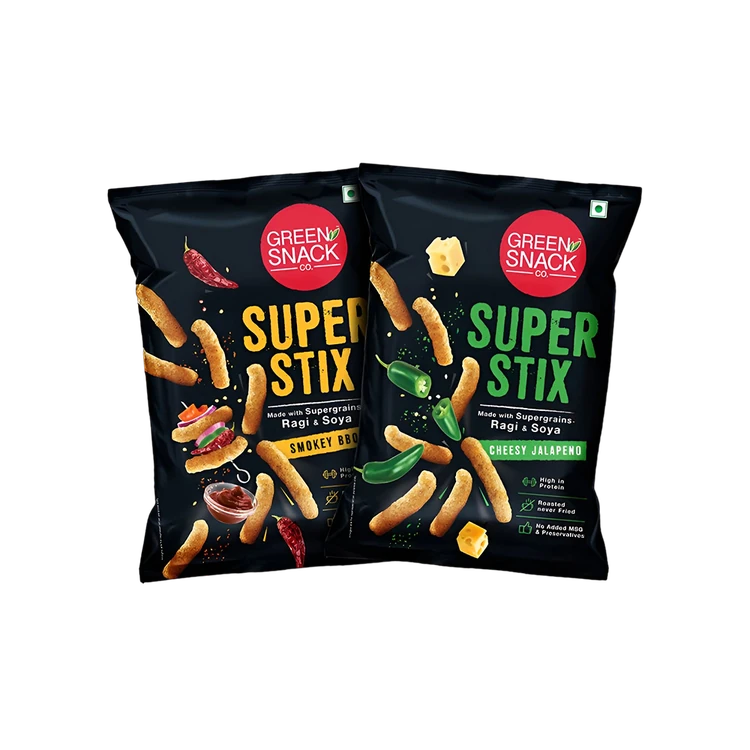The Green Snack Co. Roasted Super Stix Crisps (Cheesy Jalapeno + Smokey BBQ) - Pack of 2