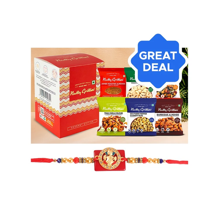 Ganesh Ji Stone Studded & Enamelled Rakhi (Gold & Red) by Shree Rakhi + Nutty Gritties Gourmet Assorted Dry Fruits Gift Pack Combo