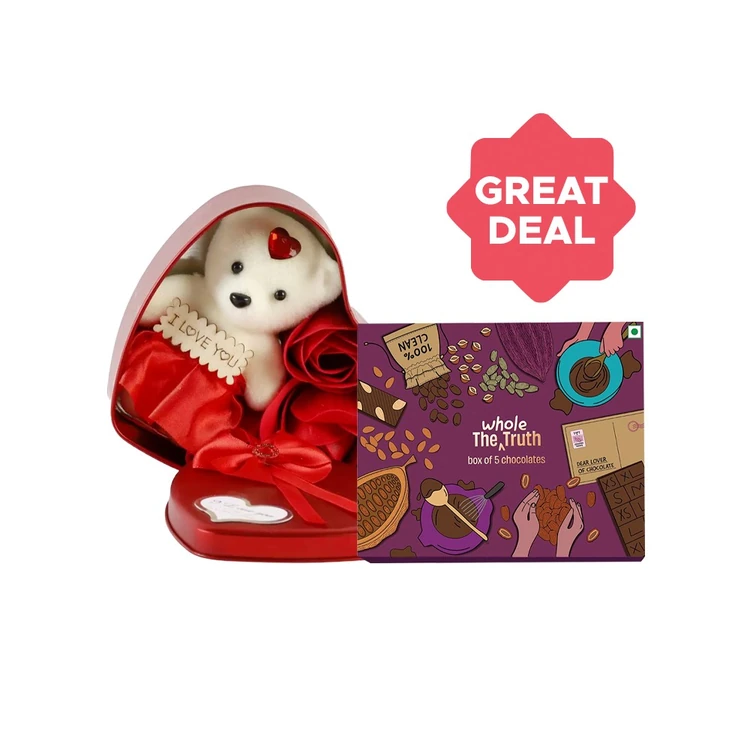 The Whole Truth Box of 5 Assorted Chocolate + Quace Teddy in Heart Tin Gift Box (Red) Combo