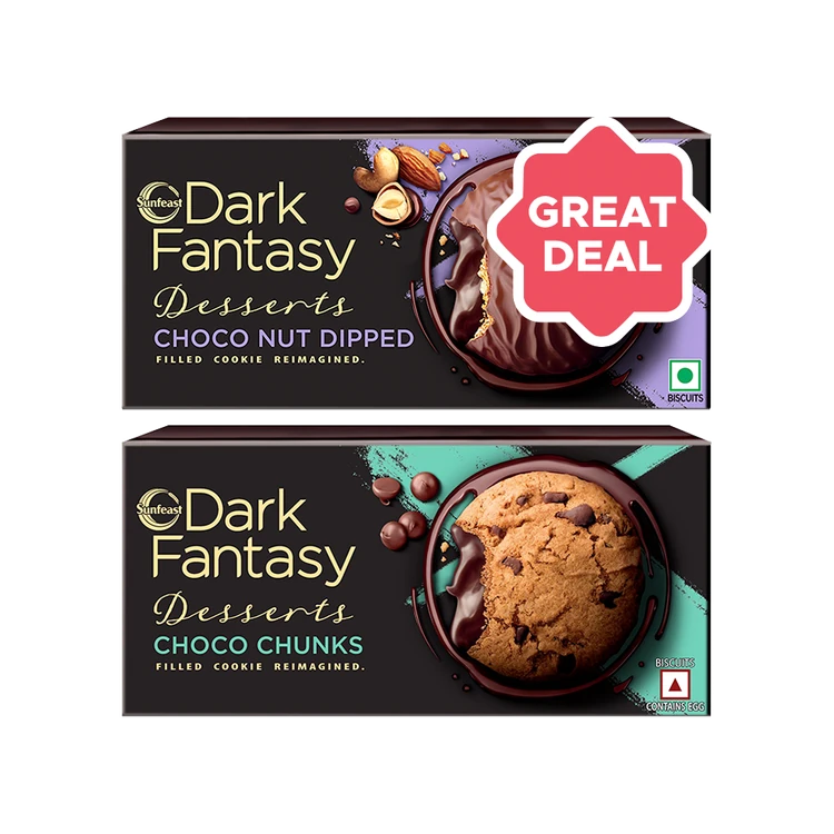 Sunfeast Dark Fantasy Desserts Choconut Dipped Cookies +  Desserts Choco Chunks Cookies Combo