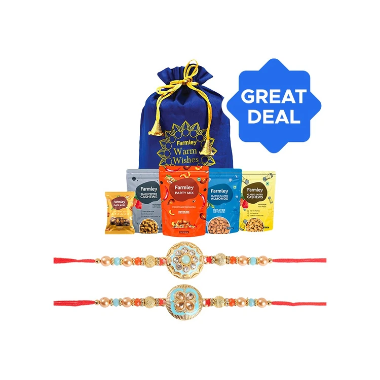 Enamelled Pendant Beaded Rakhi Set (Red & Blue) by Shree Rakhi + Farmley Mix Dry Fruit Gift Pack Potli Combo