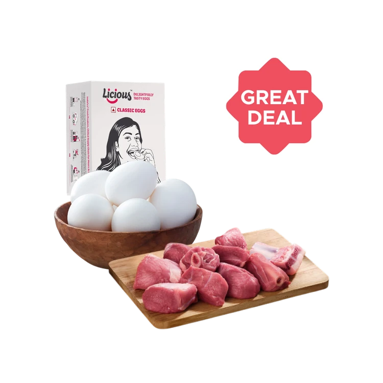 Licious Mutton Curry Cut (Mini Pack) +  Farm Fresh Classic White Protein Rich Eggs Combo