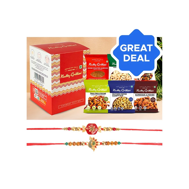Enamelled & Beaded Rakhi (Red & Gold) by Shree Rakhi + Nutty Gritties Gourmet Assorted Dry Fruits Gift Pack Combo