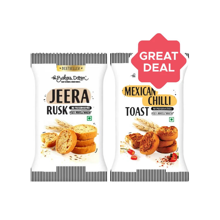 The Baker's Dozen 100% Wholewheat Jeera Rusk + The Baker's Dozen 100% Wholewheat Mexican Chilli Toast Combo