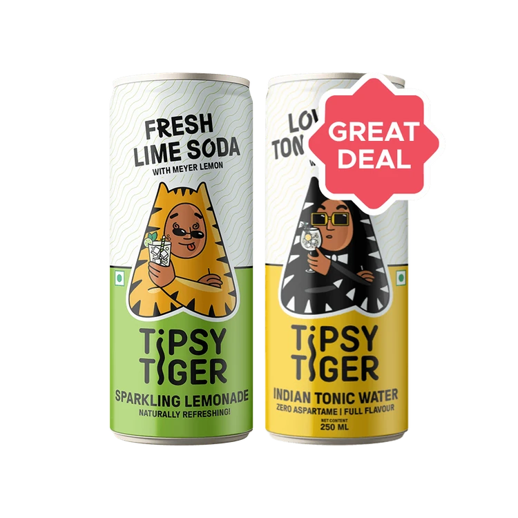 Tipsy Tiger Fresh Lime Soda - Sparkling Water and Lemon Drink +  Indian Tonic Water (Low Sugar & Calorie) Combo