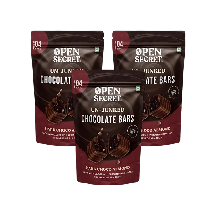 Open Secret Dark Choco Almond Filled Bar Chocolate Pack Zero Refined Sugar - Pack of 3