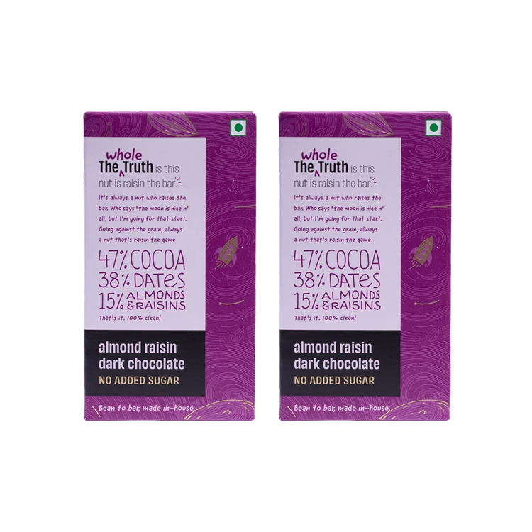 The Whole Truth Almond Raisin Dark Chocolate Bar (Cocoa 47%, Dates 38%, Almonds & Raisins 15%) - Pack of 2