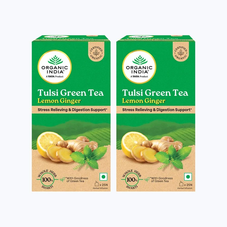 Organic India Lemon Ginger Tulsi Green Tea Bags - Pack of 2