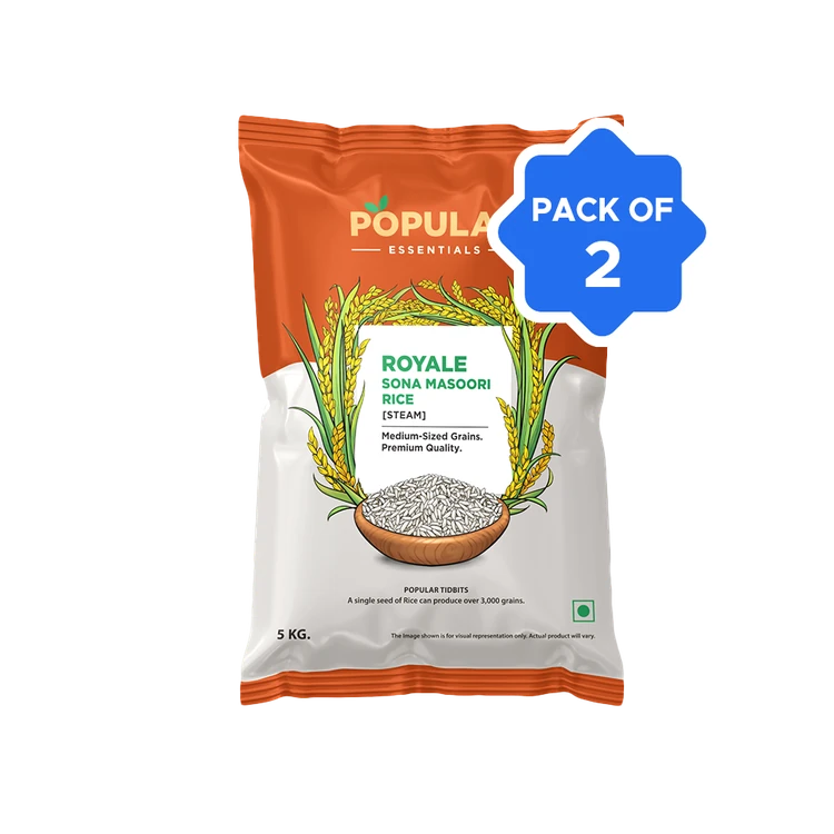 Popular Essentials Steam Sonamasuri Rice (Medium Grain) - Pack of 2 (Sonamasuri Akki)