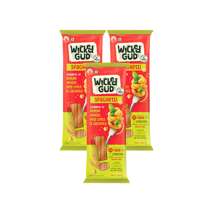 WickedGud 2X Fiber Protein Spaghetti Pasta (No Maida, Durum Wheat) - Pack of 3