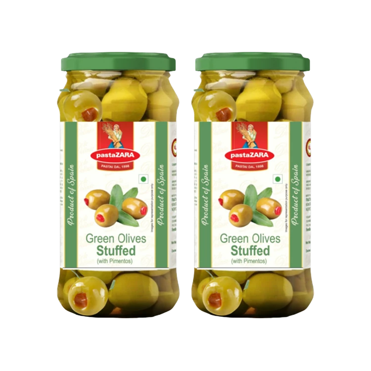 pastaZara Spanish Olives Green Olives Stuffed (with Pimentos) - Pack of 2