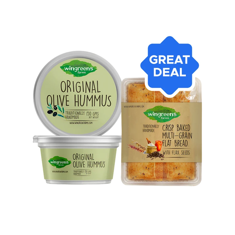 Wingreens Farms Original Olive Hummus Dip + Wingreens Farms Multigrain Baked Flat Bread Sticks Combo