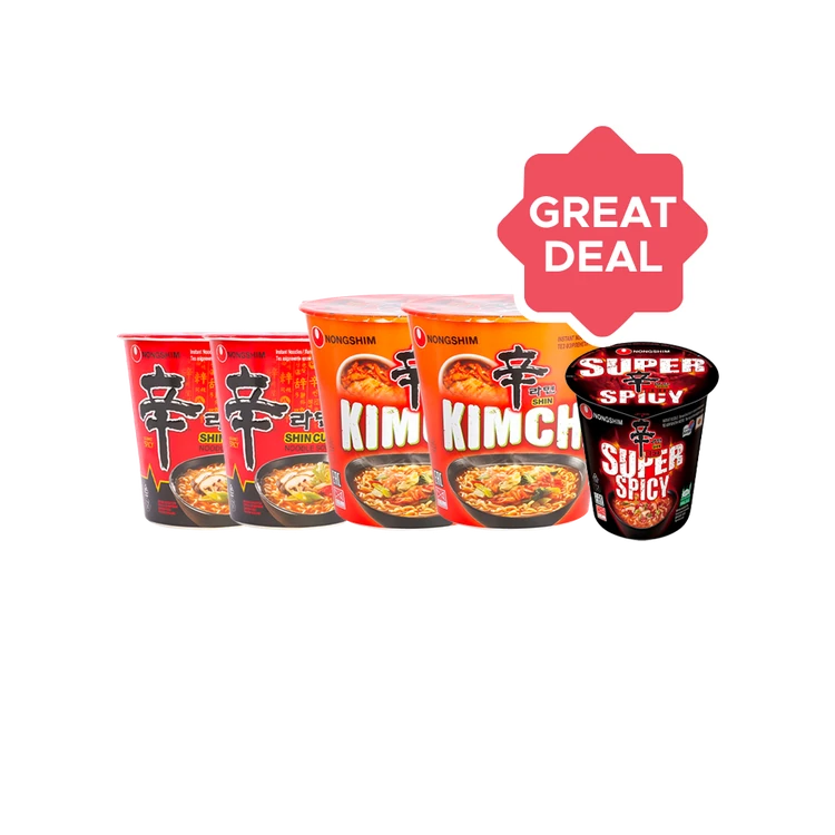 Nongshim Shin Cup Noodles x 2 +  Kimchi Shin Noodle Soup x 2 +  Shin Red Super Spicy Noodles Combo