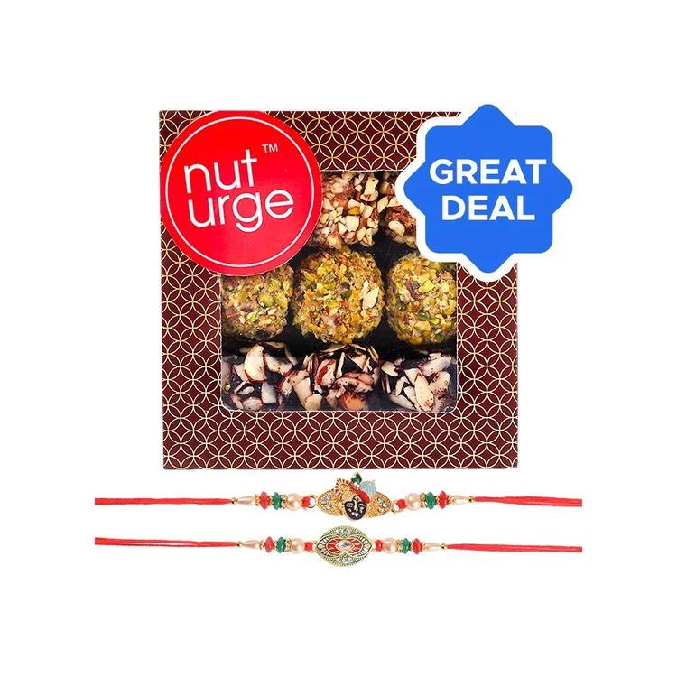 Krishna Enamelled & Studded Rakhi (Red & Green) by Shree Rakhi + Nuturge Assorted Truffles Box with Nuts & Chocolate Combo
