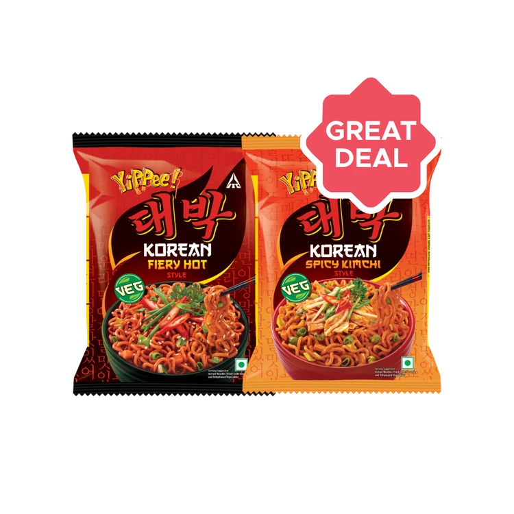 Yippee Korean Fiery Hot Style Veg Noodles +  Korean Spicy Kimchi Style Veg Noodles Combo