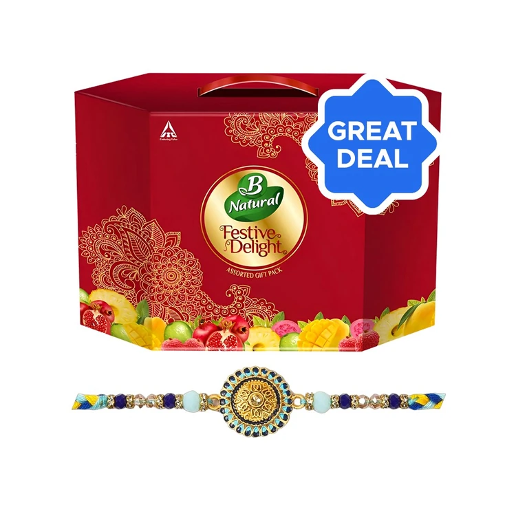Enamelled Rakhi (Blue & Yellow) by Shree Rakhi + B Natural Festive Delight Beverage Gift Pack Combo
