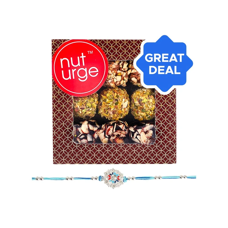 Silver Enamelled Rakhi (Blue) by Shree Rakhi + Nuturge Assorted Truffles Box with Nuts & Chocolate Combo