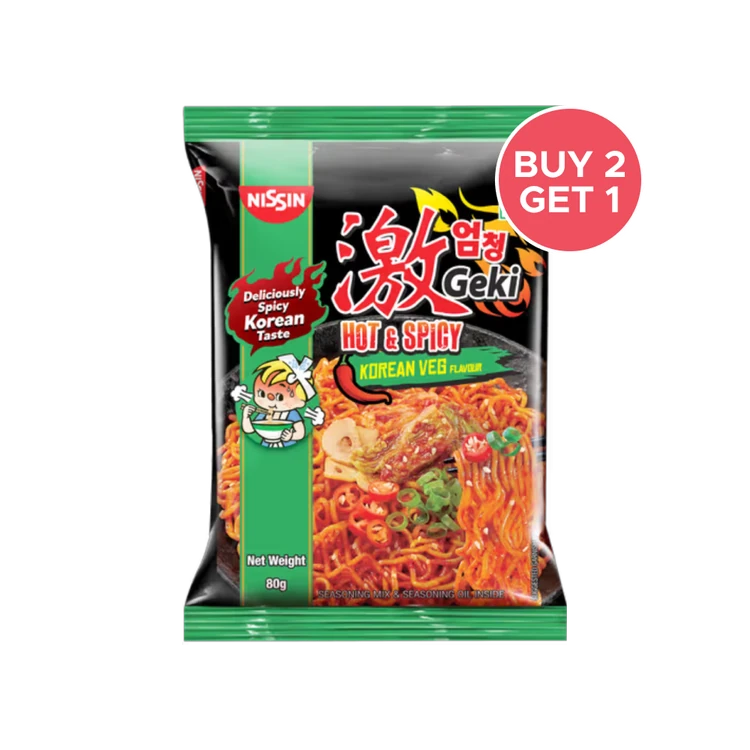 Nissin Geki - Hot & Spicy Korean Veg Flavoured Instant Noodles - Buy 2 Get 1 Free