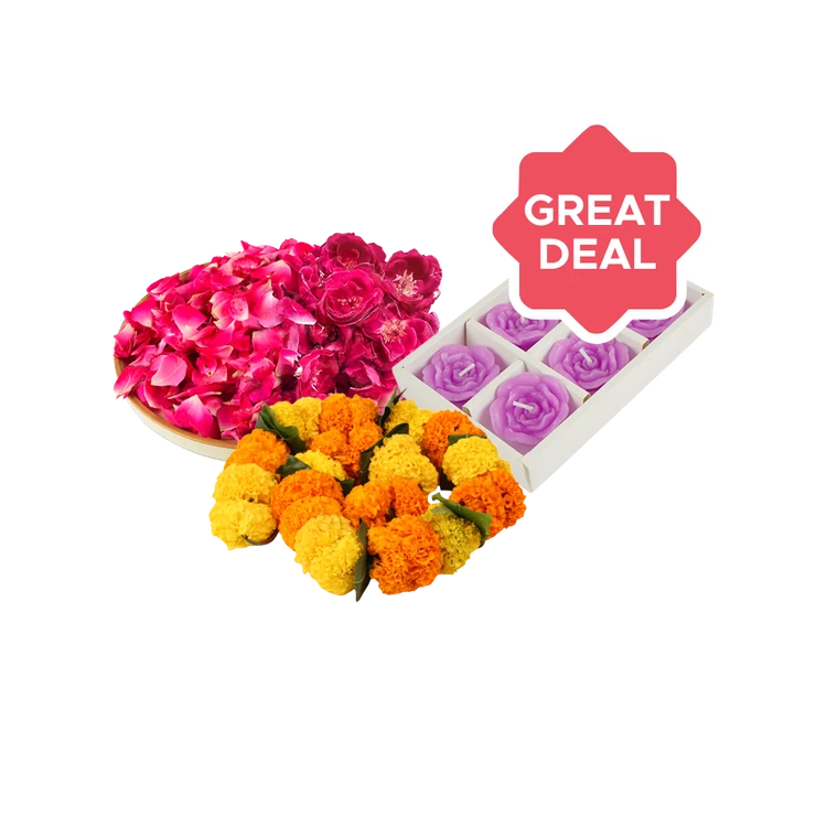 Rose Flowers & Petals Mix + Rose Design Floating Candles (Purple) by Auradecor + Mango Leaves and Mix Marigold Flowers Toran / Bandhanwar Combo