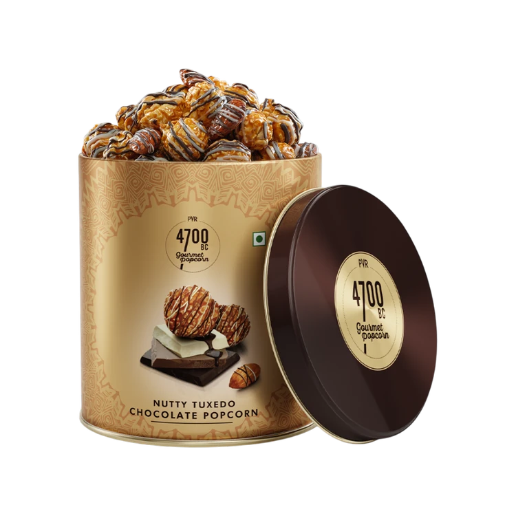 4700BC Nutty Tuxedo Chocolate Popcorn, Gourmet Tin